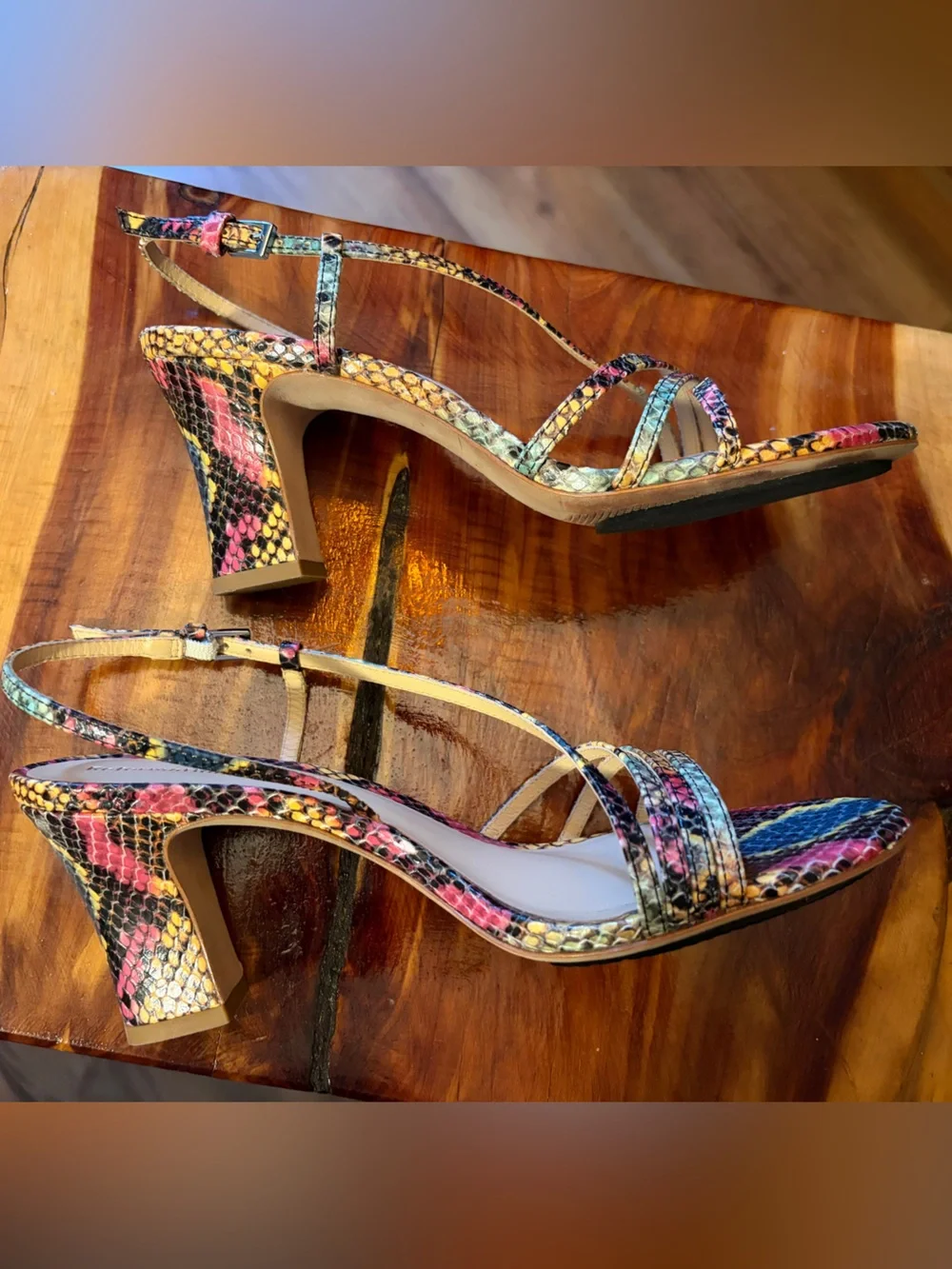 Reformation Pia Knotted Heeled Sandal multicolored faux-snakeskin 7